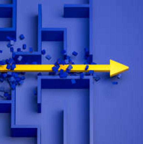 Yellow arrow breaking through a blue maze, symbolizing overcoming obstacles.