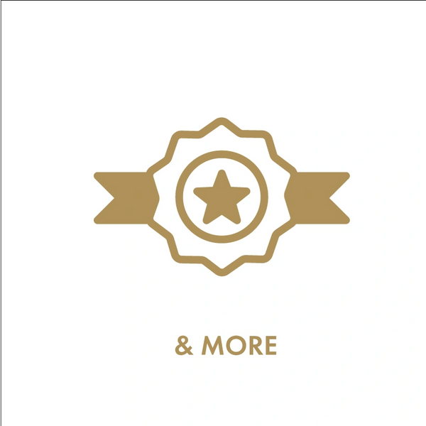 Gold badge with a star and ribbon, labeled '& MORE'.