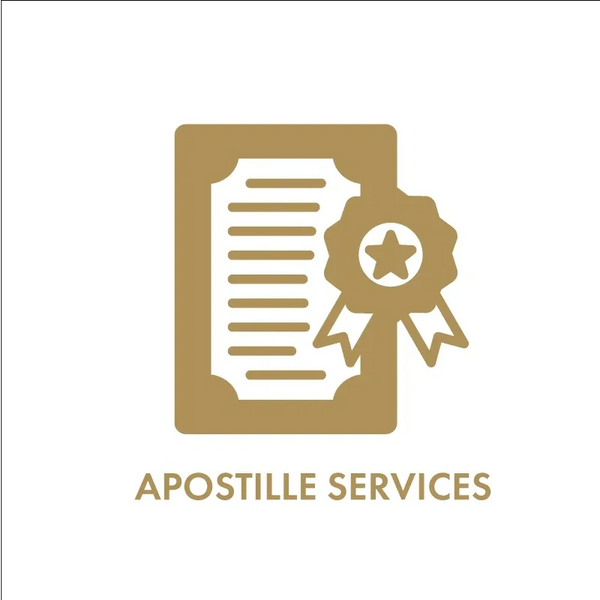 Logo for apostille services featuring a certificate and ribbon.