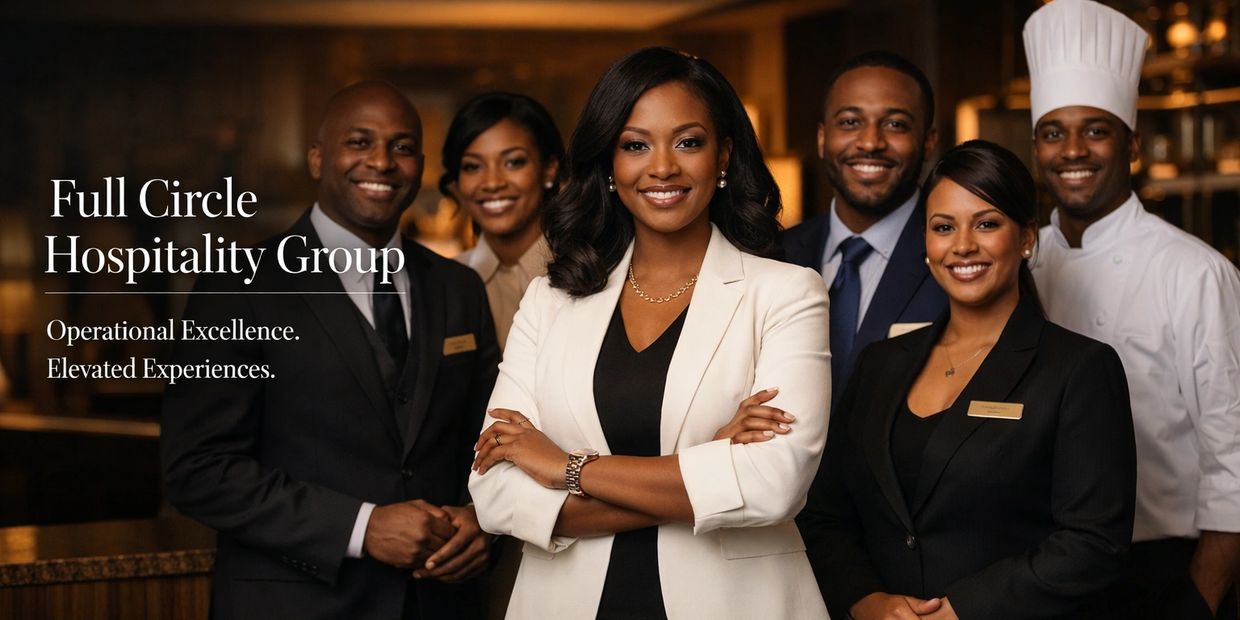 Confident hospitality professionals posing together with smiles in a warm, elegant setting.