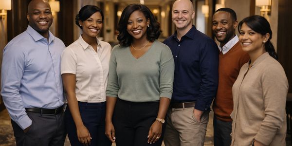 A diverse group of six professionals smiling together indoors.