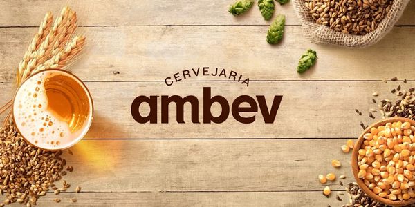 Beer ingredients and a glass of beer around the Ambev brewery logo.