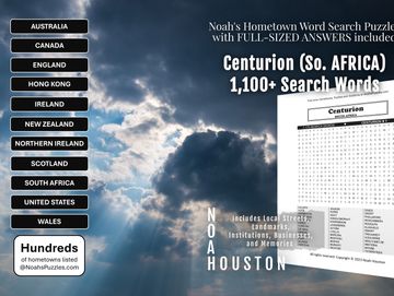 Word search puzzle book celebrating Centurion, South Africa with landmarks, neighborhoods & nostalgi