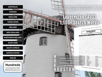 Word search puzzle book celebrating Launceston, Australia with landmarks, neighborhoods & nostalgia 