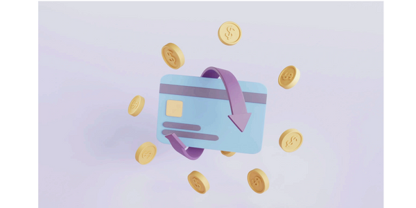 A credit card surrounded by golden coins with a purple arrow encircling it.