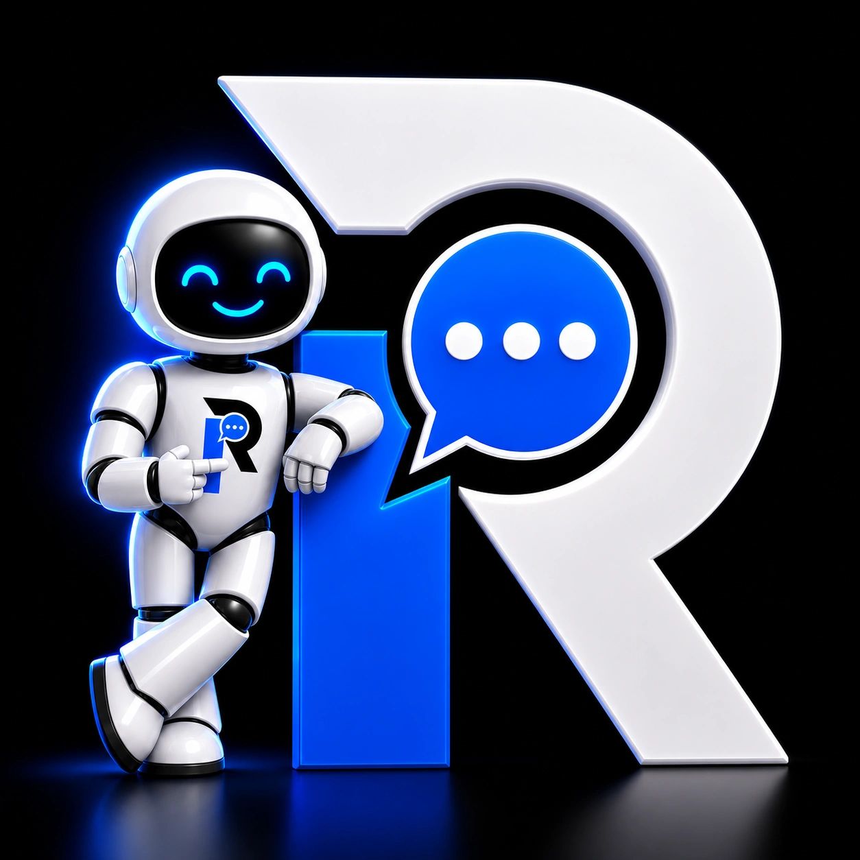 Smiling robot leaning on a stylized letter R with a chat bubble symbol.