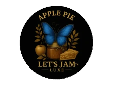 Logo with butterfly, apple, jar, and pie slice for Apple Pie Let's Jam Luxe.