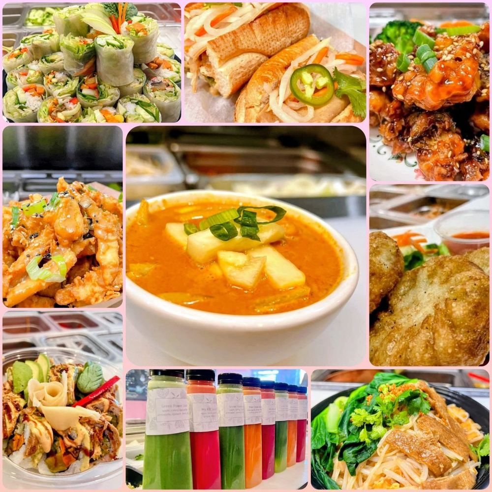 A colorful collage of fresh Asian-inspired dishes and vibrant juices.