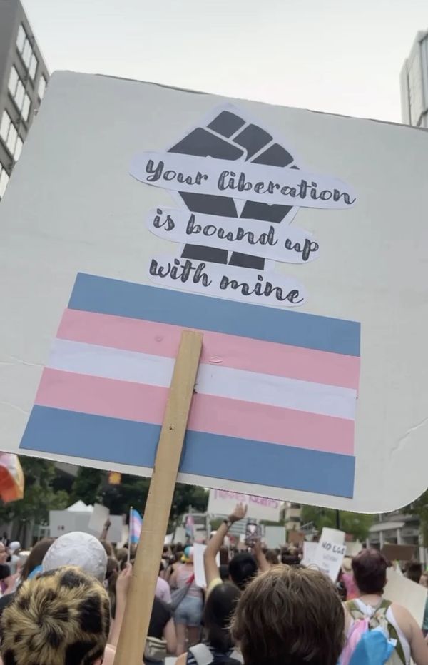 protest crowed and sign with words "your liberation is bound up with mine" and transgender flag