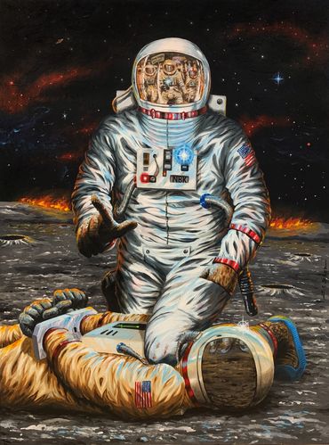 As The Moon Burns (The Bad Astronaut's Nightmare), 2020, 48" x 36", acrylic on canvas.