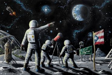 Boricuas En La Luna (Puerto Ricans On The Moon), 2014, 35” x 24”, acrylic on canvas.