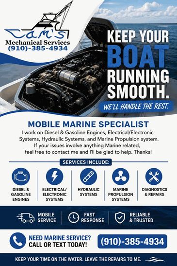 Advertisement for Cam's Mechanical Services specializing in mobile marine engine repair.