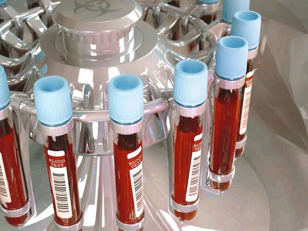 Blood test tubes with blue caps in a lab centrifuge.