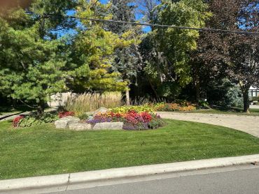 Colorful flower bed with rocks on a green lawn in a suburban neighborhood.