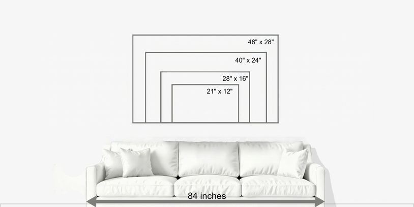 Diagram showing different canvas sizes above an 84-inch sofa.