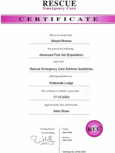 Certificate for Advanced First Aid (Expedition) awarded to Stiwart Breese.