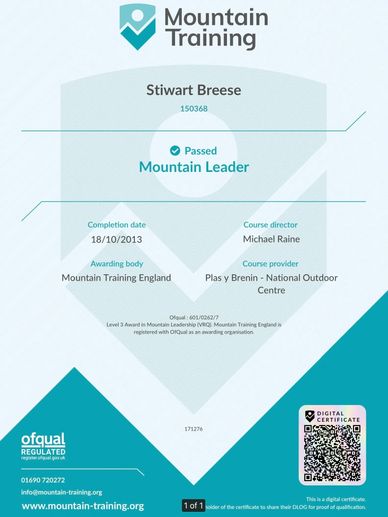 Certificate for Stiwart Breese as Mountain Leader from Mountain Training.