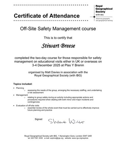Certificate of Attendance for Off-Site Safety Management course awarded to Stiwart Breese.