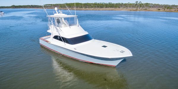 Aerial drone image of a Hatteras fishing boat for sale recently.  