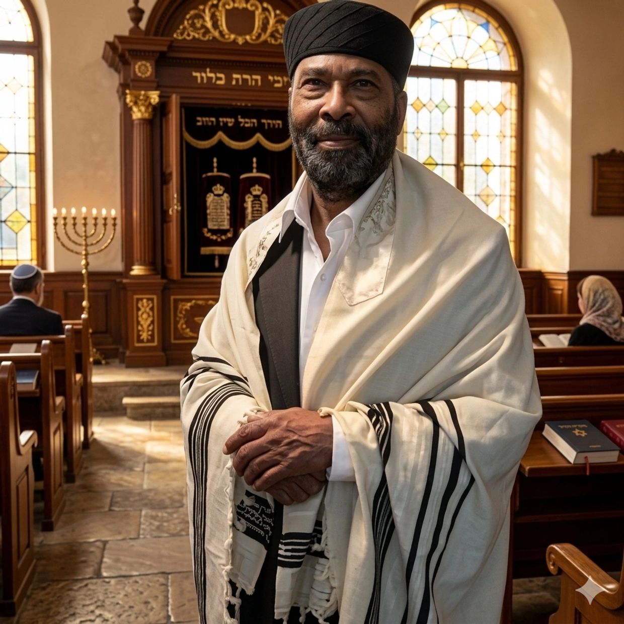 Yeshayahu Ben-Yehudah wearing a tallit in a synagogue, reflecting a lived Jewish spiritual identity.