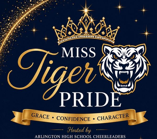 Miss Tiger Pride logo with tiger face and crown.