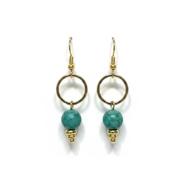 Gold hoop earrings with turquoise beads and decorative gold accents.