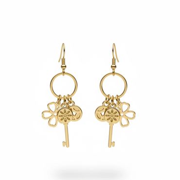 Gold key and flower charm earrings with hoop hooks.