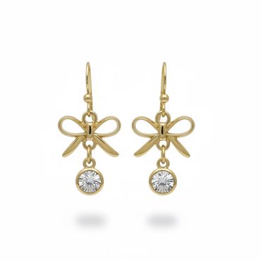 Gold bow-shaped earrings with dangling clear gemstones.