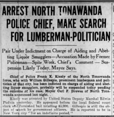 News clipping describing allegations against Chief Kinzly for aiding and abetting liquor smugglers 