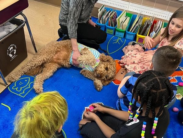 Photo of Ohio Elementary School students interacting with Remy.