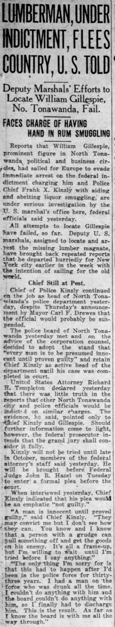 News clipping describing allegations against Chief Kinzly for aiding and abetting liquor smugglers 