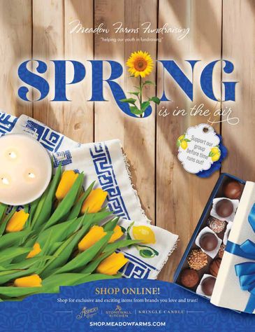 Spring-themed fundraising ad with yellow tulips, chocolates, and a candle on a wooden table.
