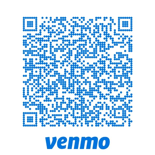 Blue Venmo QR code on white background with Venmo text below.