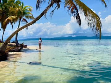 Playa paradisíaca de San Blas, Panamá, con aguas cristalinas, arena blanca y palmeras.