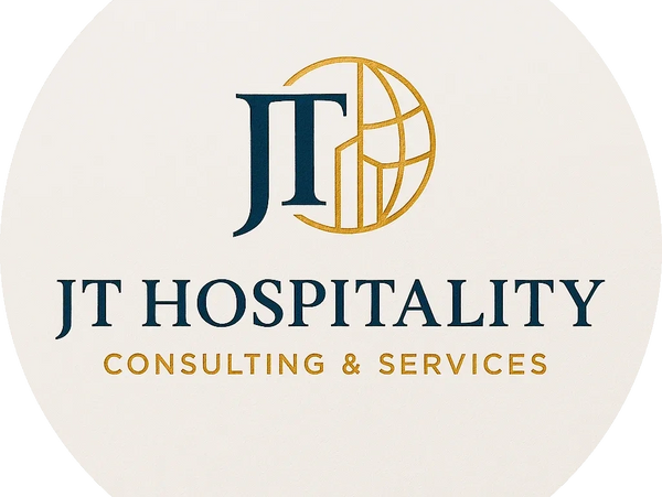 Logo of JT Hospitality Consulting & Services with a globe and building design.