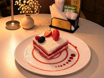 A slice of layered red velvet cake with fruit toppings.