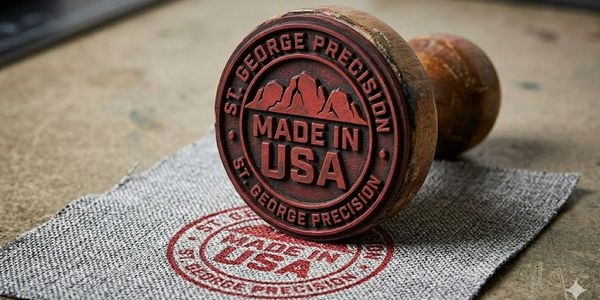 A wooden stamp showing 'Made in USA' on a fabric surface.