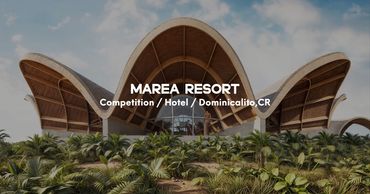Modern resort with unique curved roof design surrounded by lush greenery.
