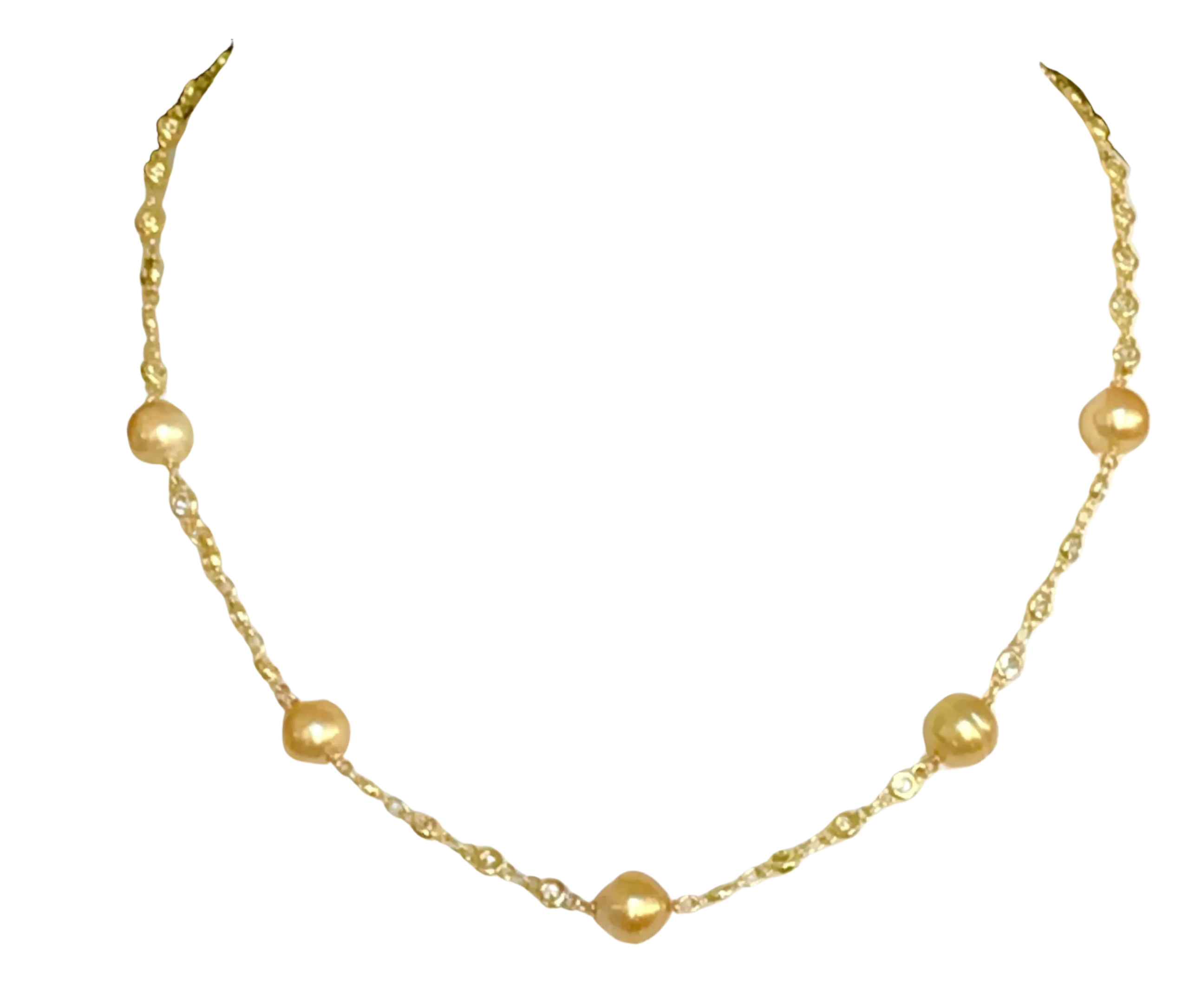 Five beautiful 10-12mm Gold South Sea Pearls on 18" crystal and gold filled chain. Can be made large