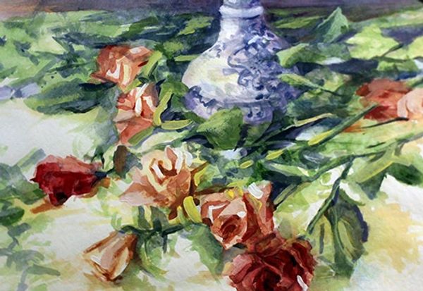 Watercolor painting of roses and a decorative vase.