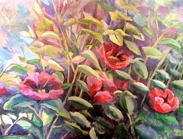 Vibrant red flowers amidst lush green foliage in an impressionist style painting.