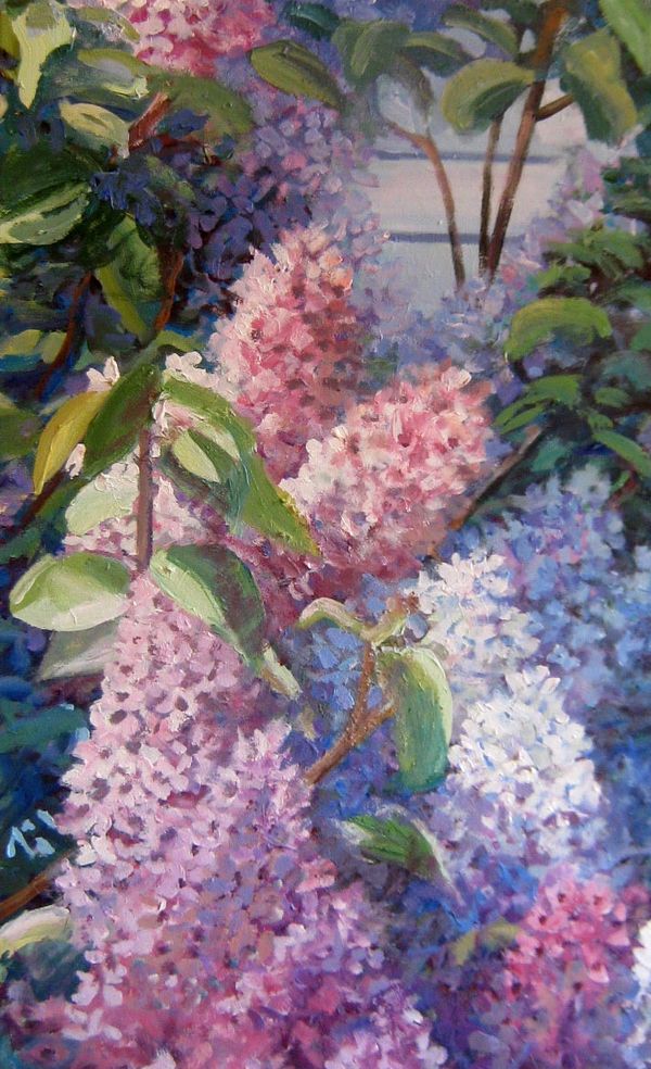 Impressionist painting of lilac flowers in shades of pink, purple, and blue with green leaves.