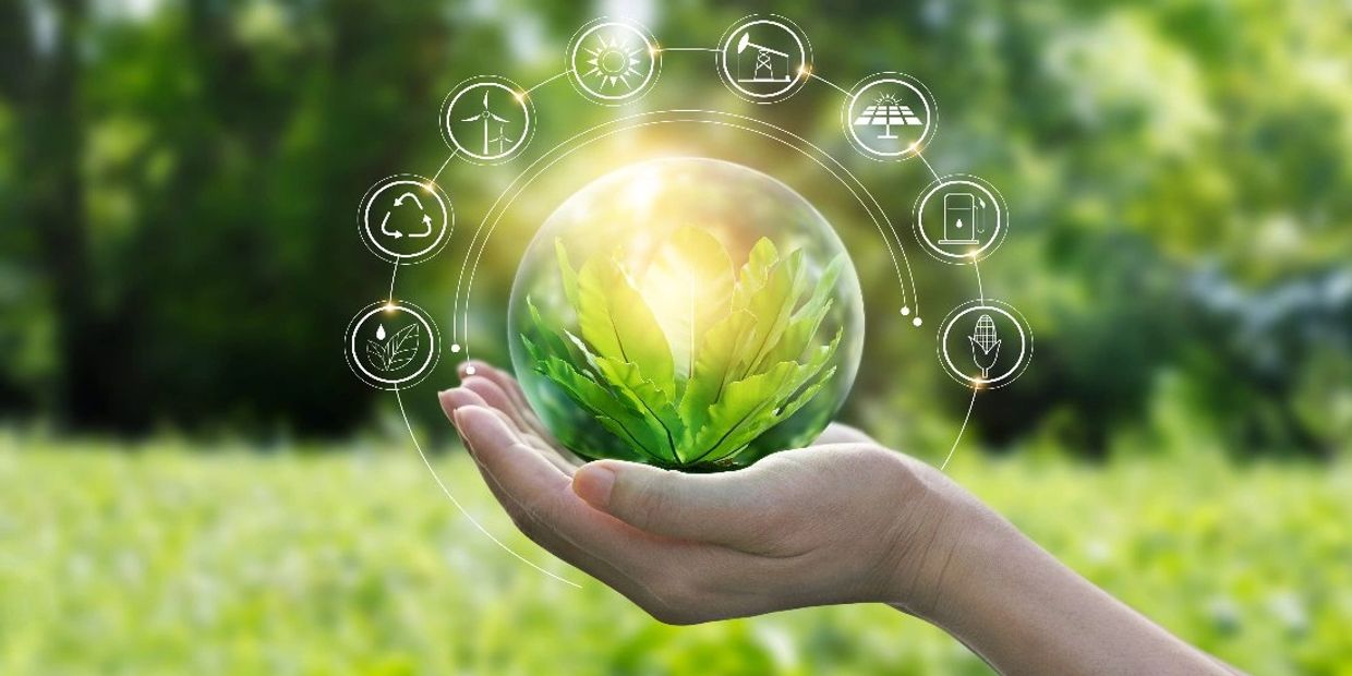 Hand holding a Green plant with Green Energy icons circling it