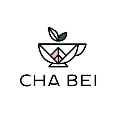 Minimalist logo of a tea cup with leaves and the text 'CHA BEI'.