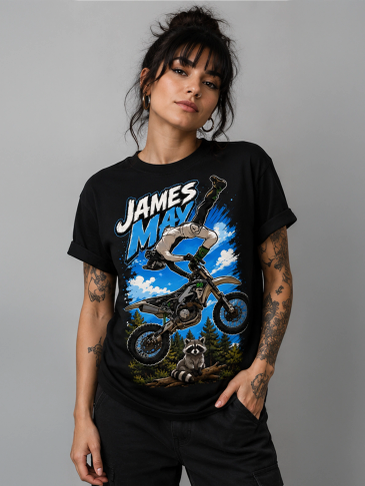 Woman wearing a James May graphic t-shirt with tattoos.