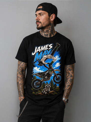 Man wearing a James May graphic t-shirt and a backward cap.