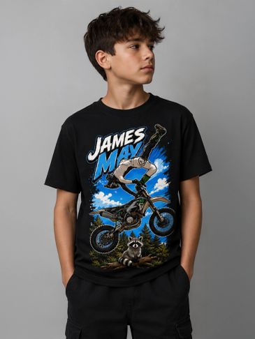 Boy wearing a black James May graphic tee.