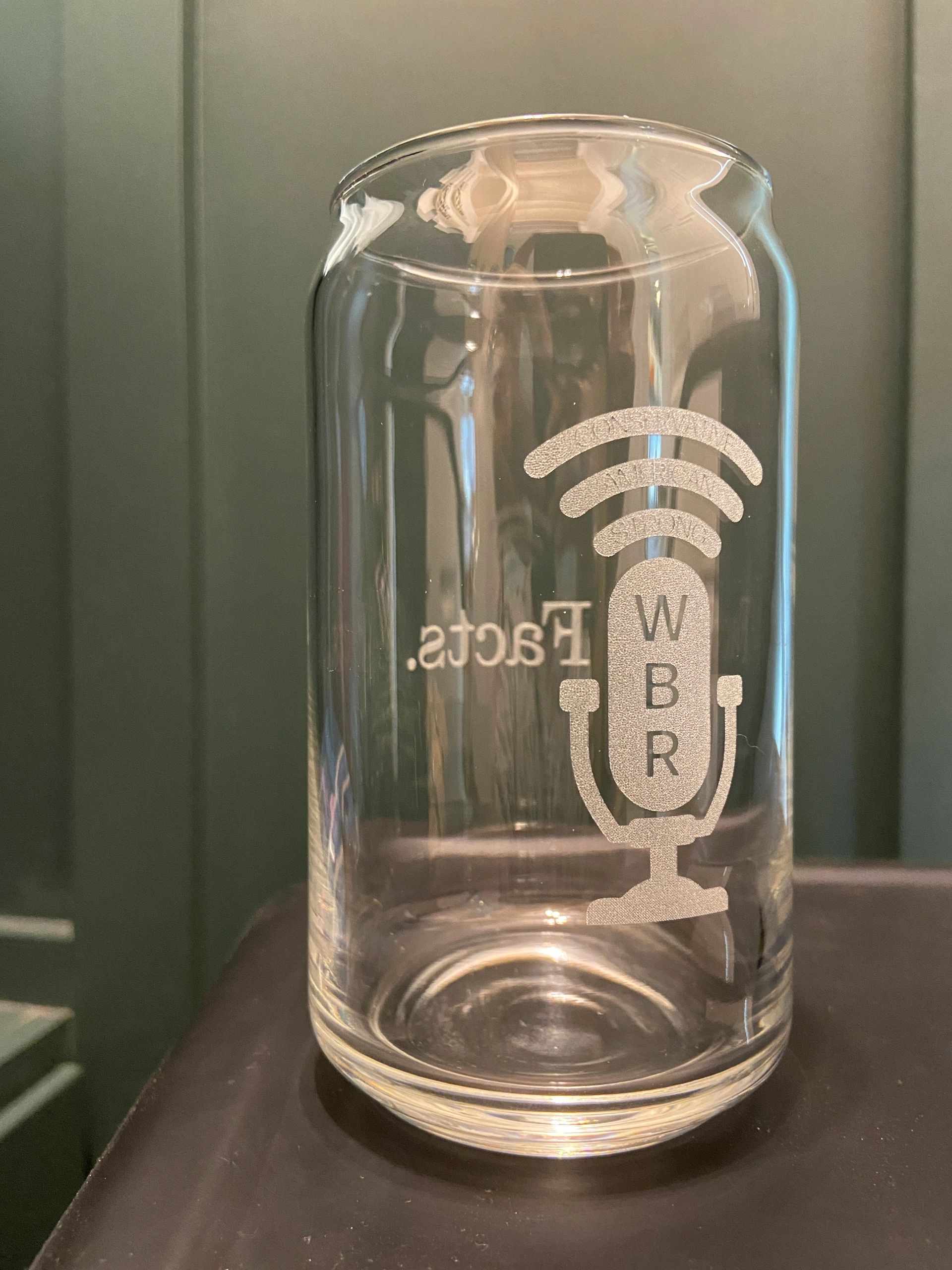 Beer glass with custom logo engraving for Wendy Bell Radio show. 