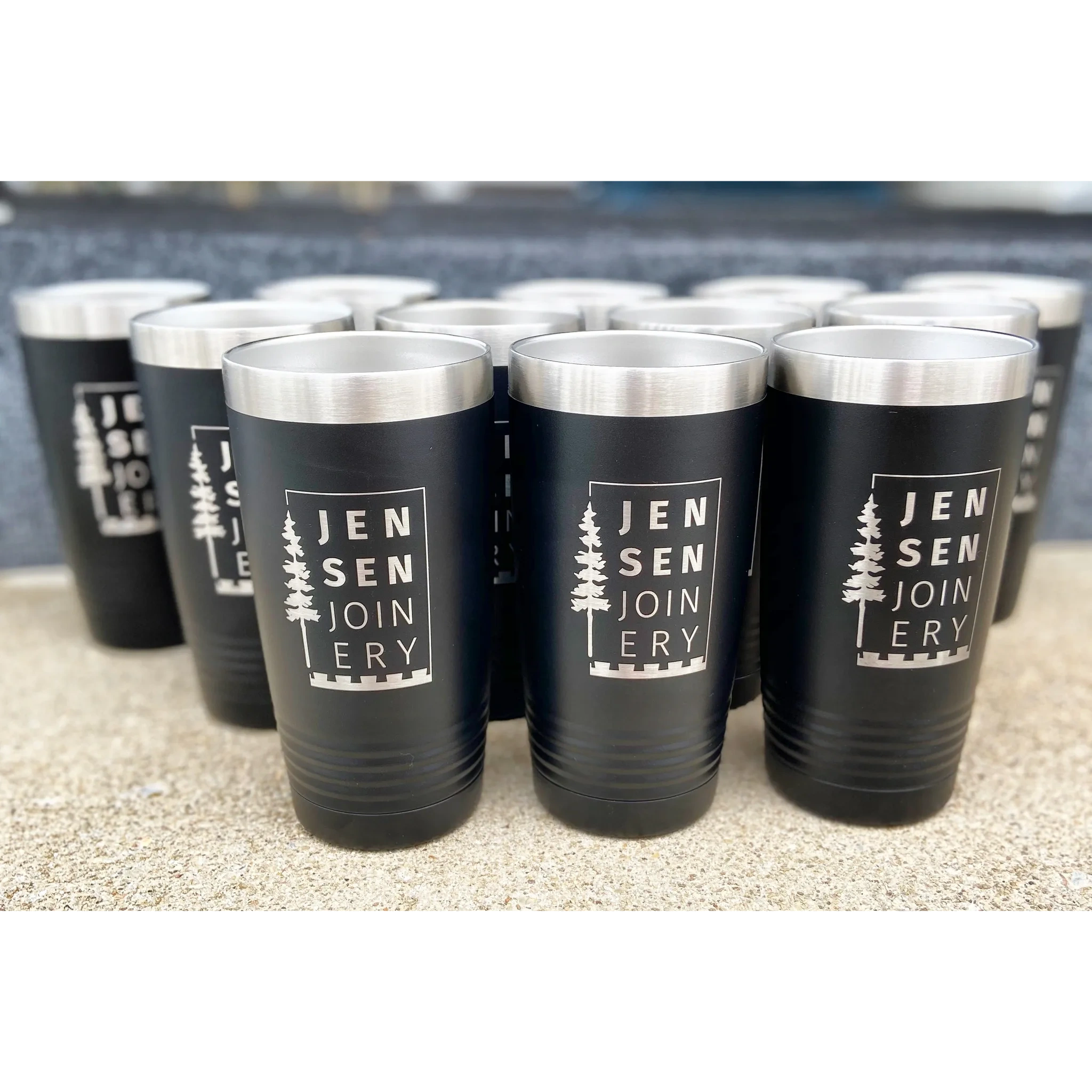 Engraved stainless steel tumblers with company logo