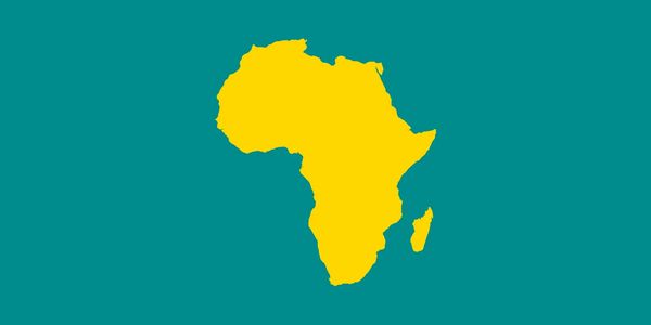 Yellow map of Africa on teal background.